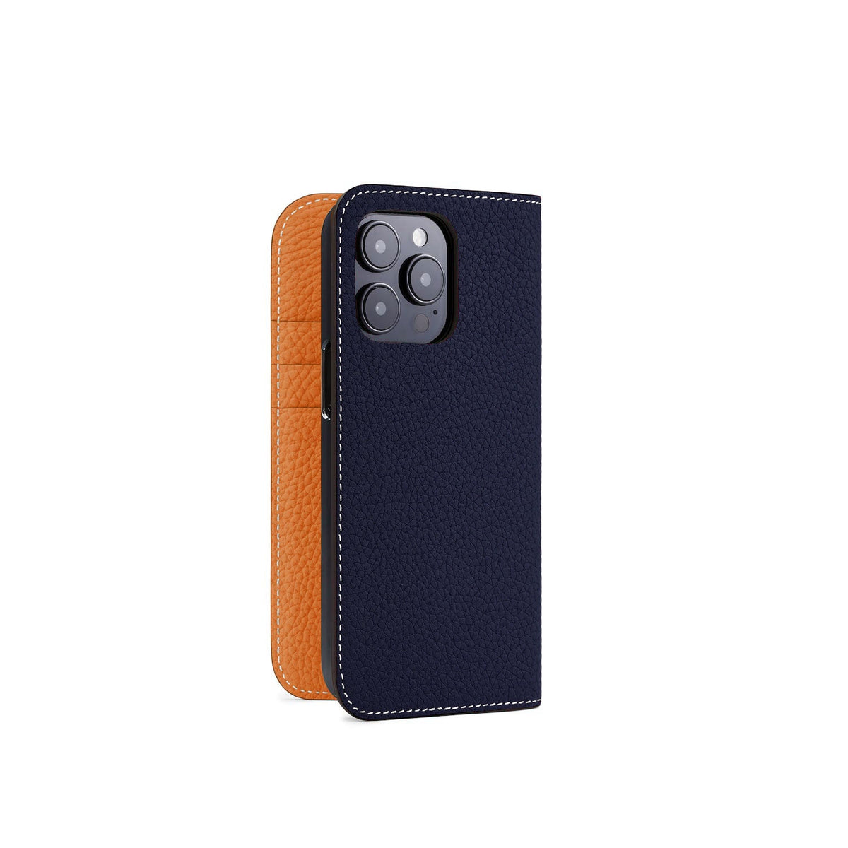 iPhone 14 Pro Diary Case Shrink Leather (Navy × Orange)