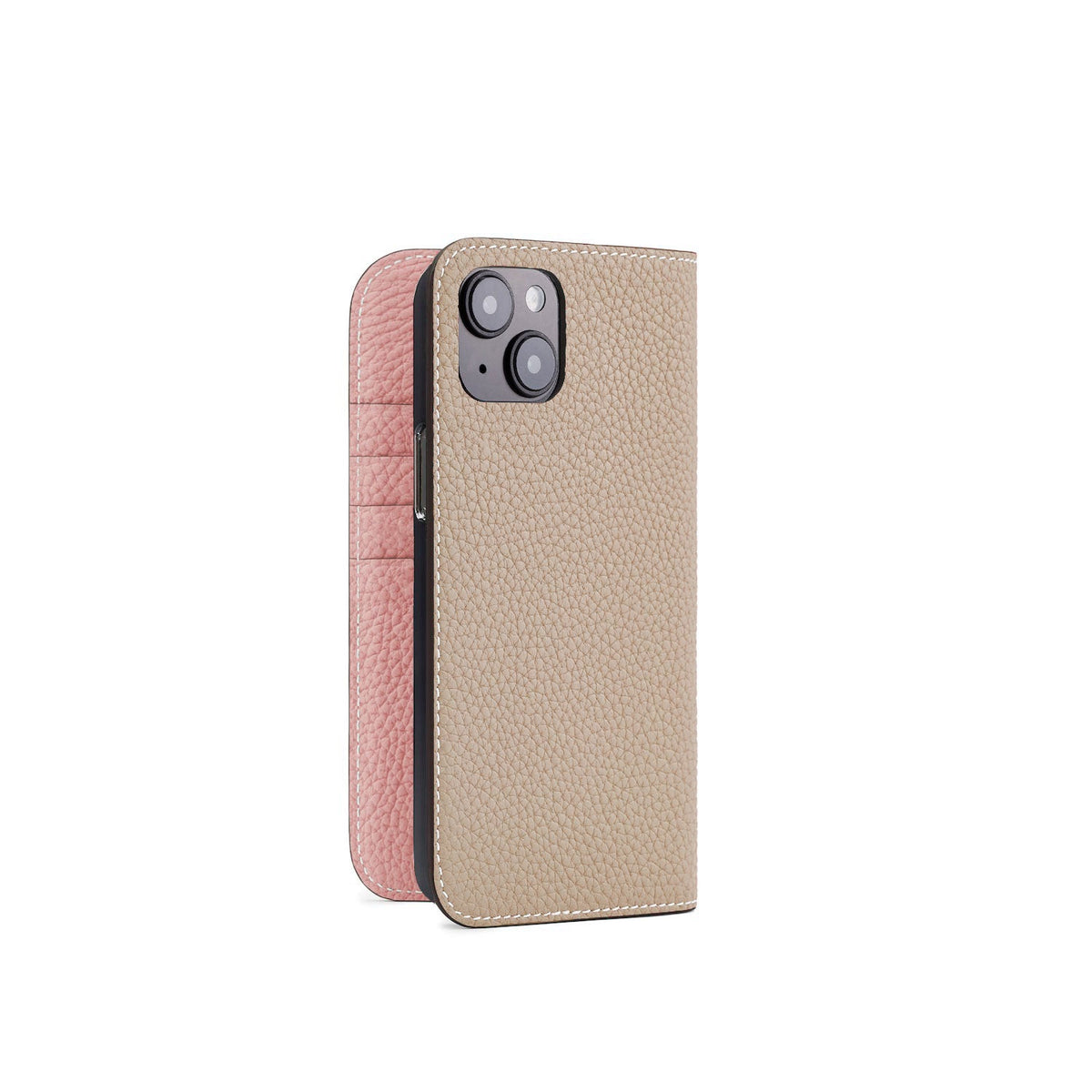 iPhone 14 Plus Diary Case Shrink Leather (Greige × Coral Pink)