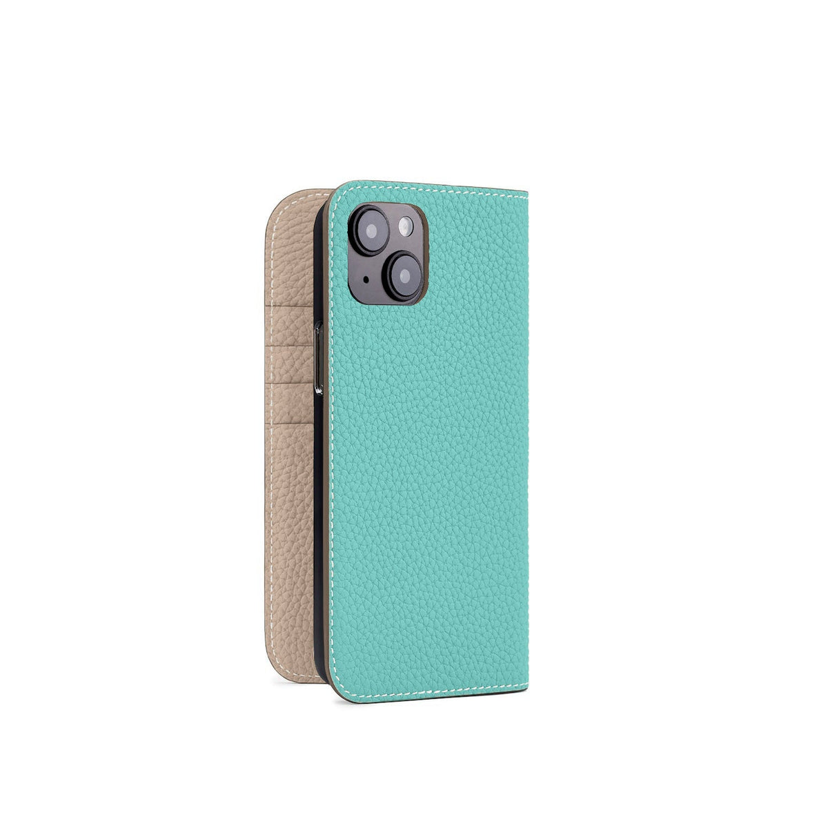iPhone 14 Plus Diary Case Shrink Leather (Atoll Blue × Greige (Etoupe edge paint))