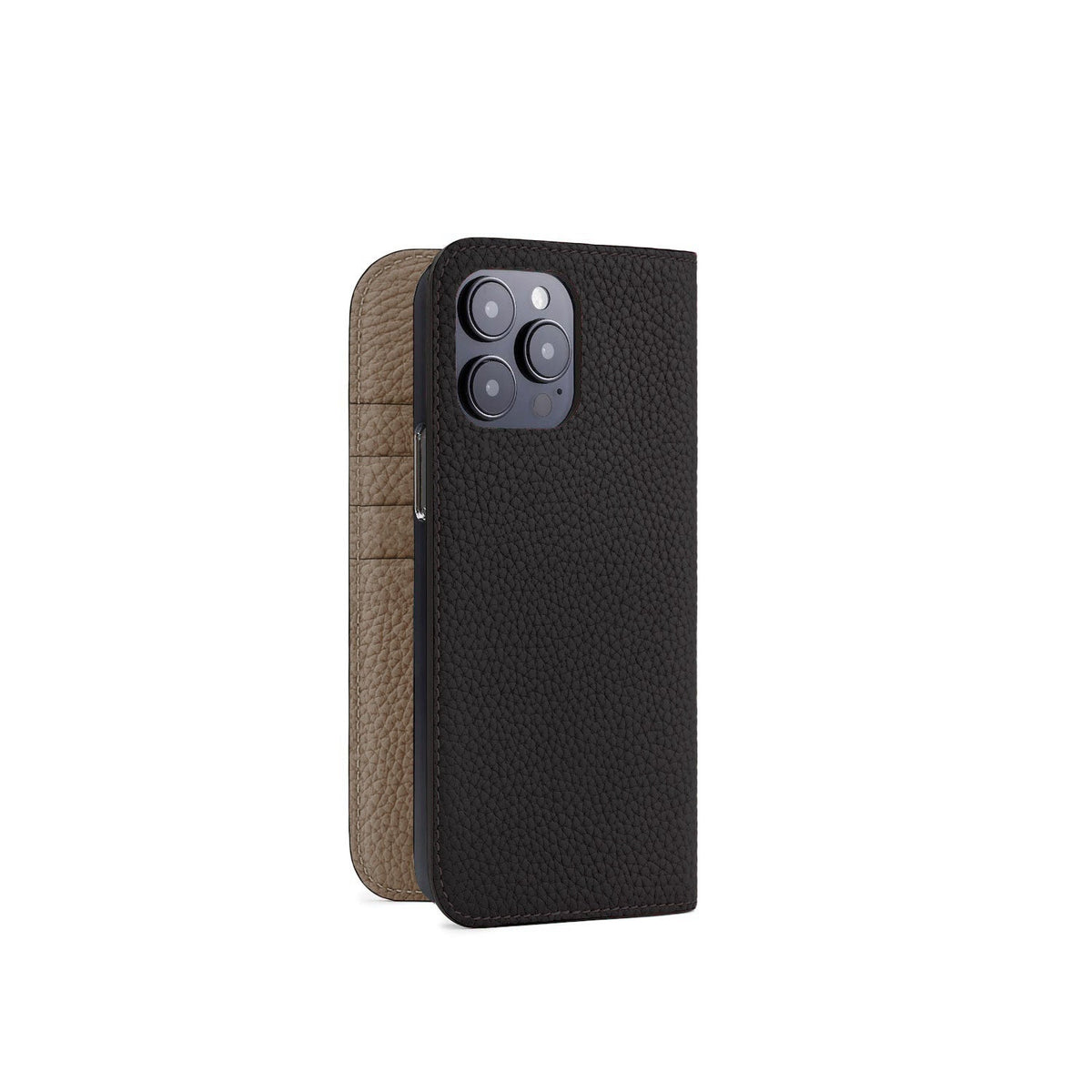 iPhone 14 Pro Max Diary Case Shrink Leather (Black × Etoupe)