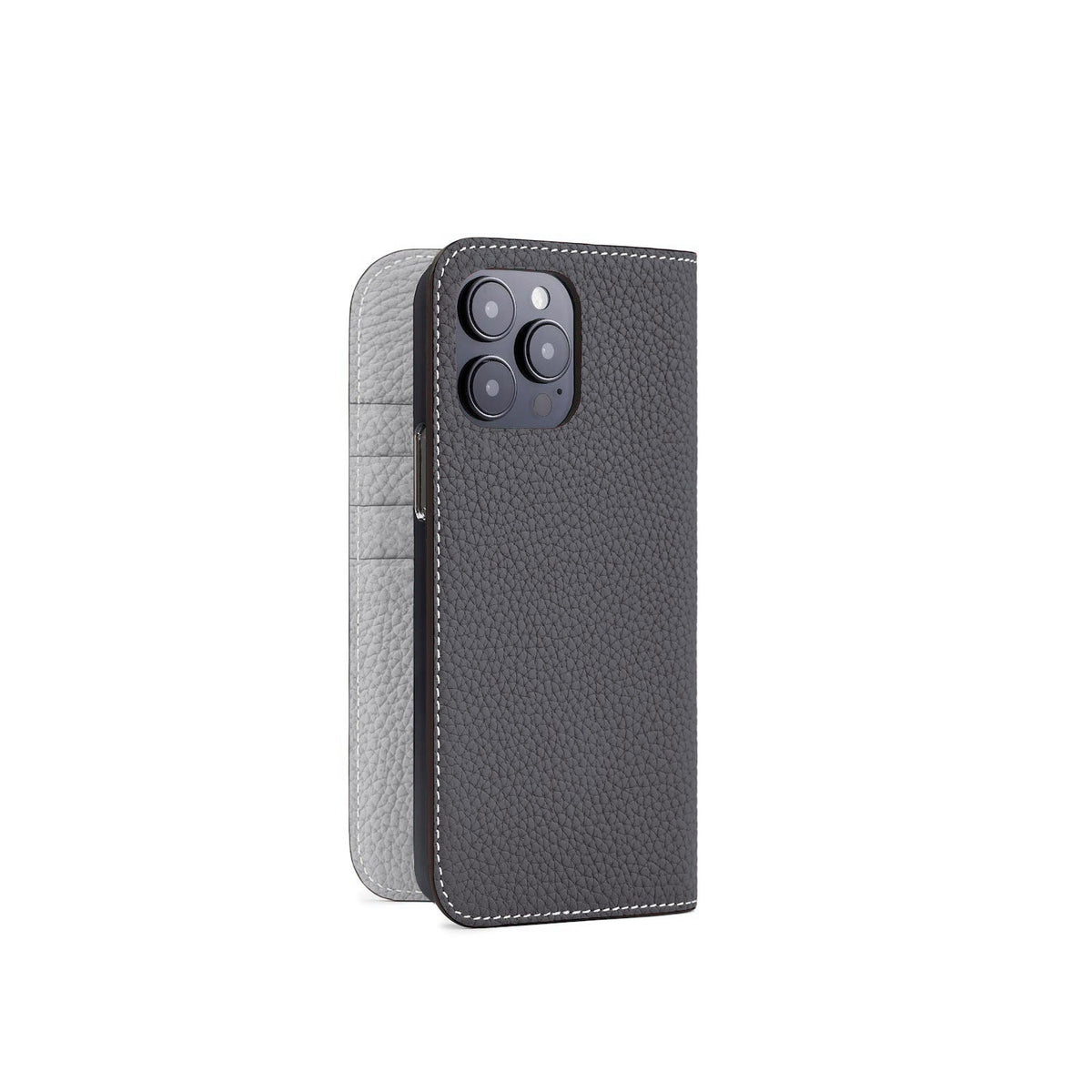 iPhone 14 Pro Max Diary Case Shrink Leather (Charcoal Gray × True Gray)