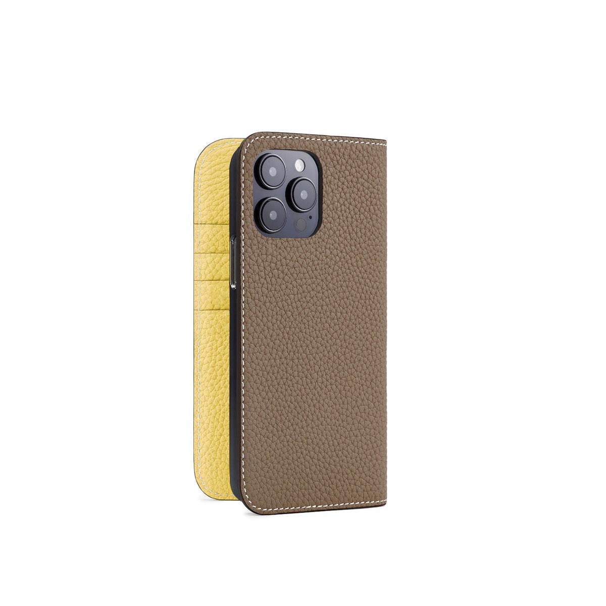 iPhone 14 Pro Max Diary Case Shrink Leather (Etoupe × Yellow)