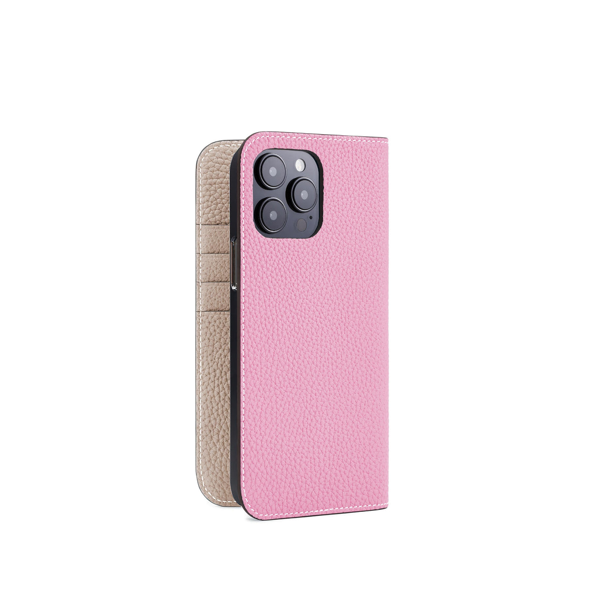 iPhone 14 Pro Max Diary Case Shrink Leather (Taffy Pink × Greige)