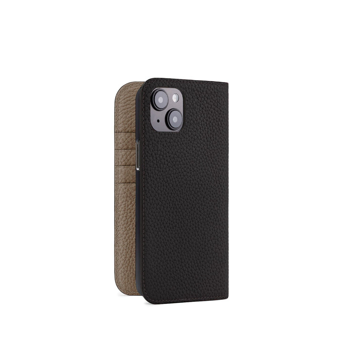 iPhone 15 Plus Diary Case Shrink Leather (Black × Etoupe)