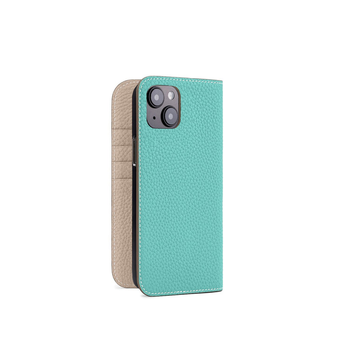 iPhone 15 Plus Diary Case Shrink Leather (Atoll Blue × Greige (Etoupe edge paint))