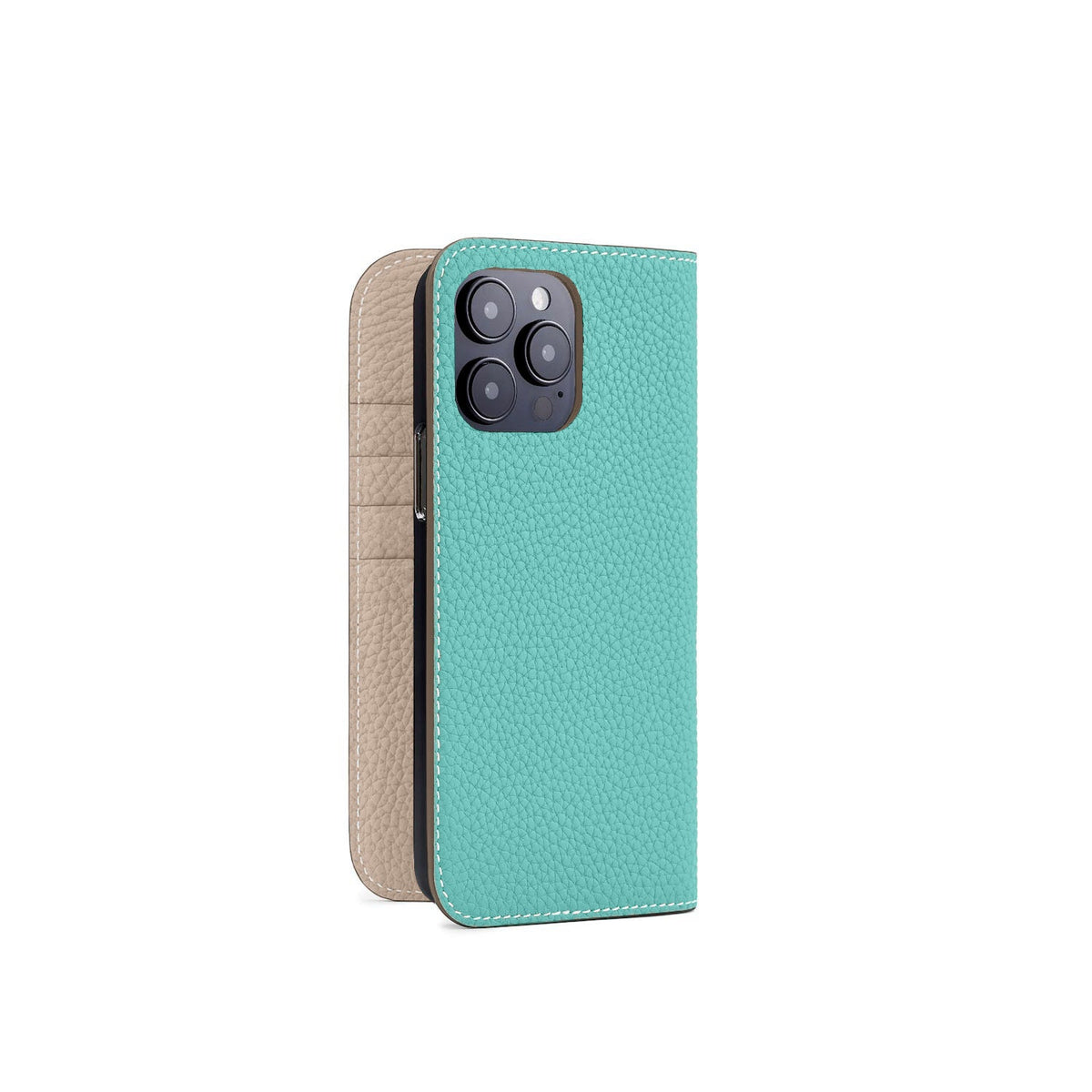 iPhone 15 Pro Max Diary Case Shrink Leather (Atoll Blue × Greige (Etoupe edge paint))