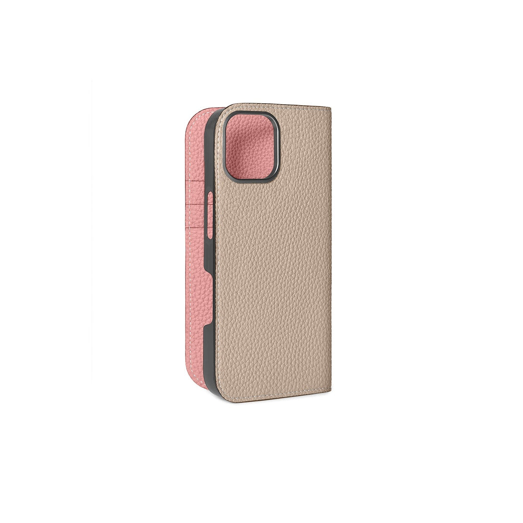 iPhone 16 Diary Case Shrink Leather (Greige × Coral Pink)