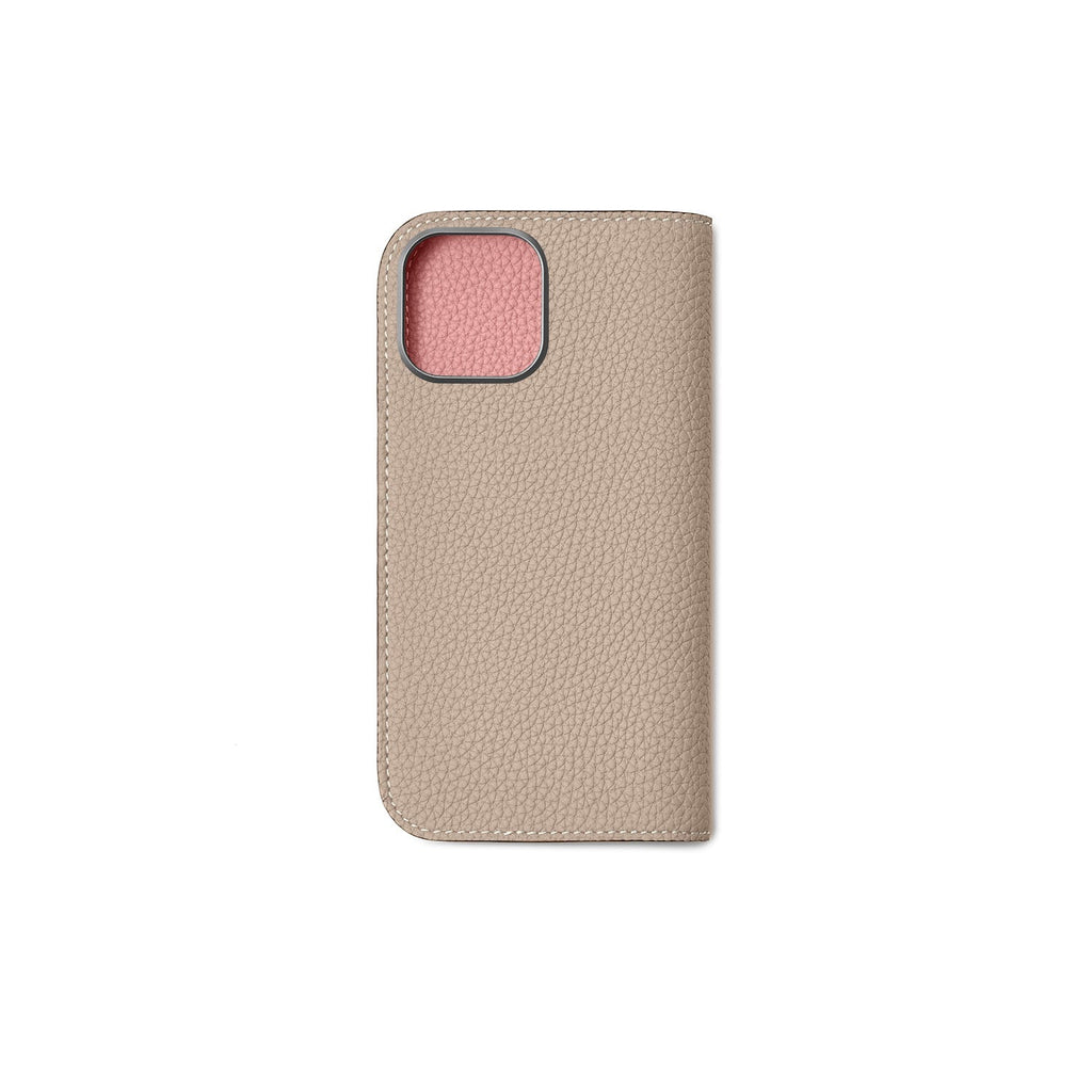 iPhone 16 Diary Case Shrink Leather (Greige × Coral Pink)