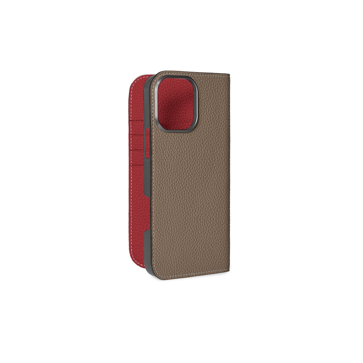 iPhone 16 Pro Max Diary Case Shrink Leather (Etoupe × Red)
