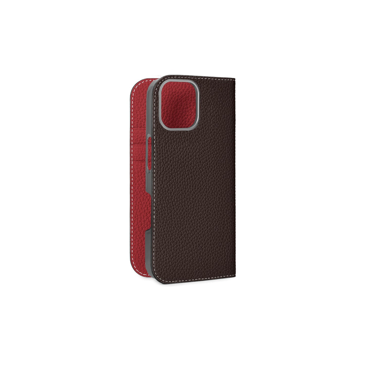iPhone 17 Diary Case Shrink Leather (Chocolate Brown × Red)