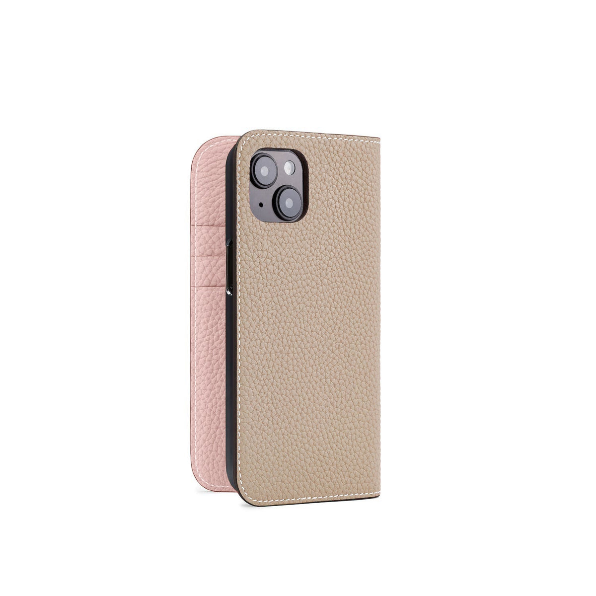iPhone 15 Diary Case Shrink Leather (Greige × Sakura Pink)