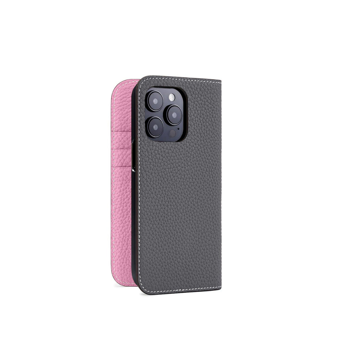 iPhone 15 Pro Diary Case Shrink Leather (Charcoal Gray × Taffy Pink)