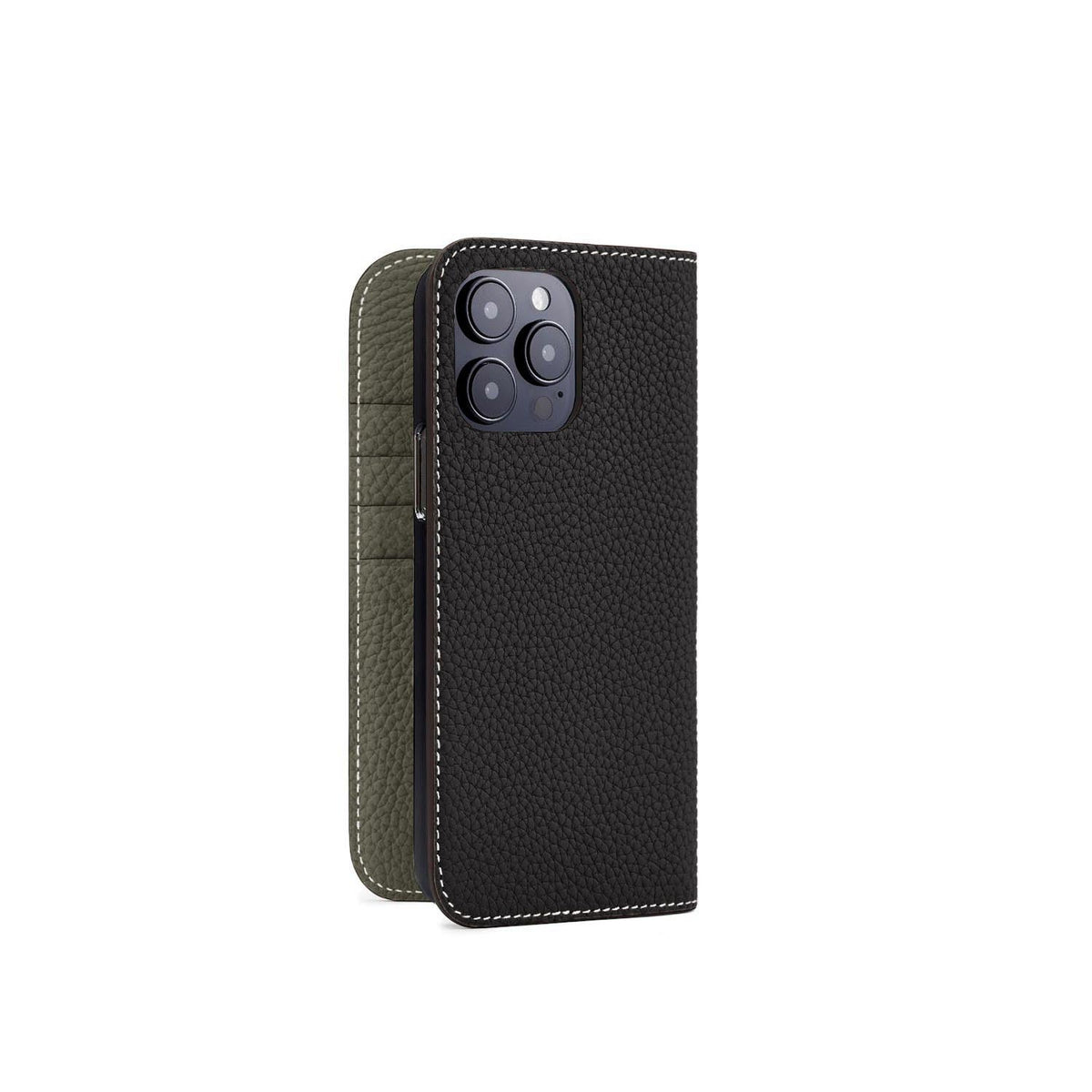 iPhone 15 Pro Max Diary Case Shrink Leather (Black × Olive)