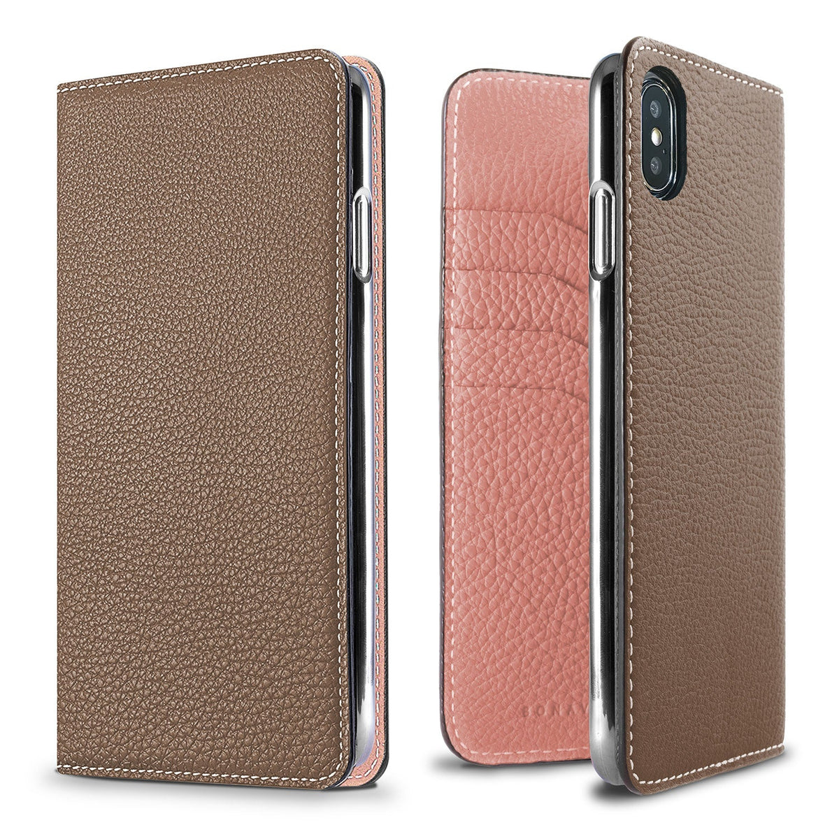 iPhone Xs Max Diary Case Shrink Leather (Etoupe × Coral Pink)