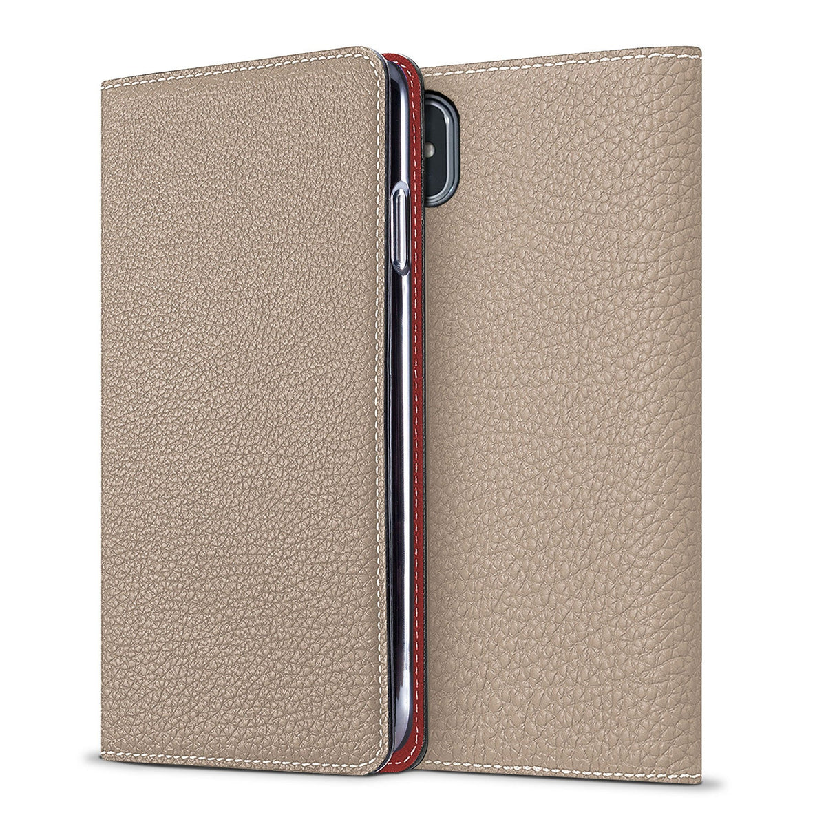 iPhone Xs Max Diary Case Shrink Leather (Greige × Red)
