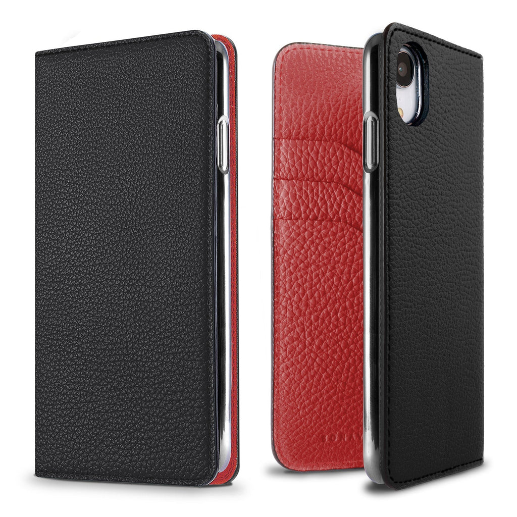 iPhone XR Diary Case Shrink Leather (Black × Red)