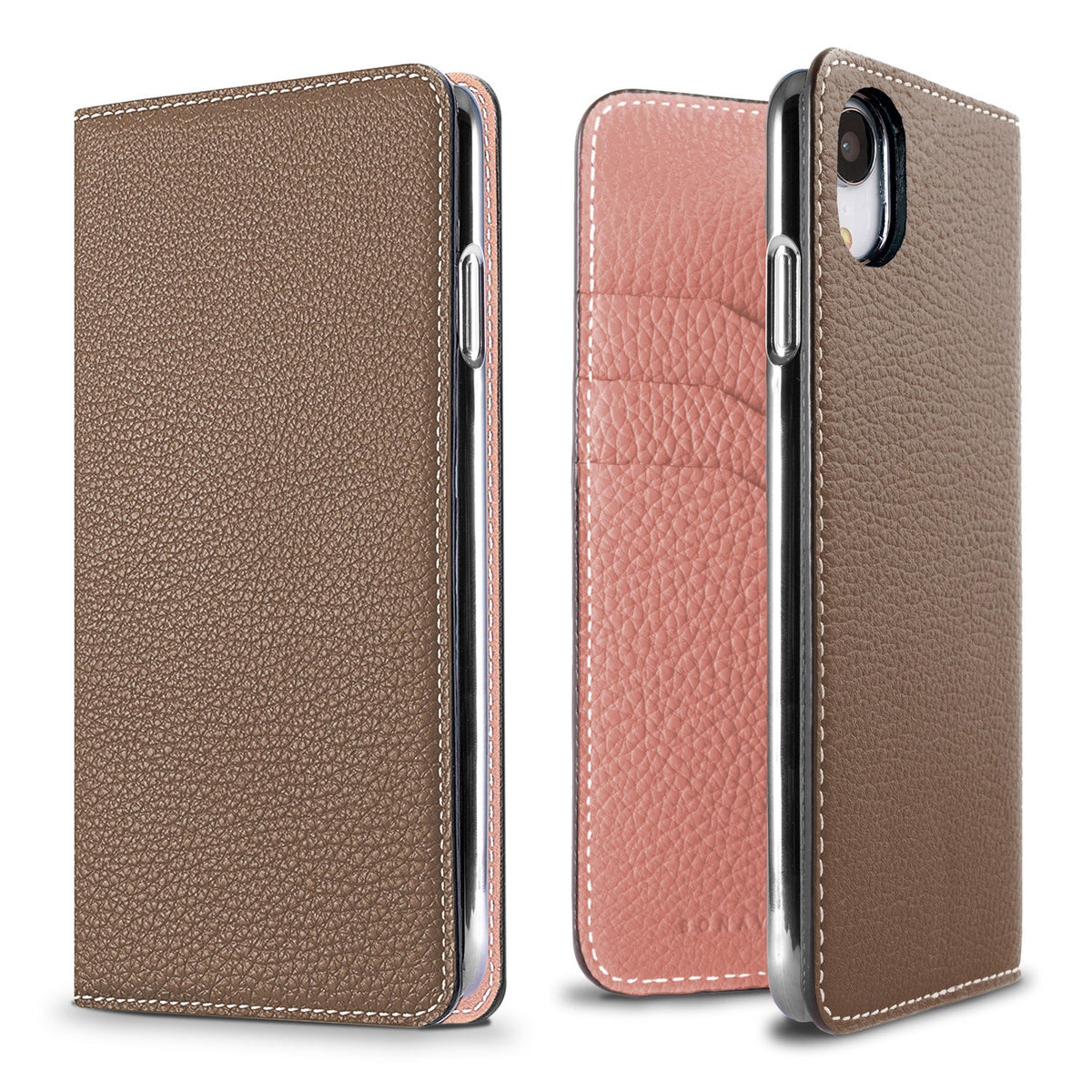 iPhone XR Diary Case Shrink Leather (Etoupe × Coral Pink)
