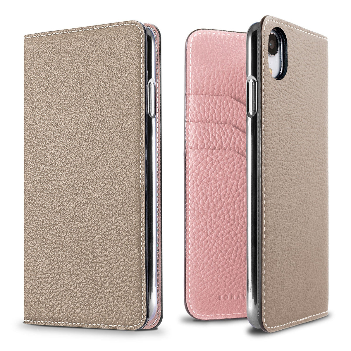 iPhone XR Diary Case Shrink Leather (Greige × Sakura Pink)