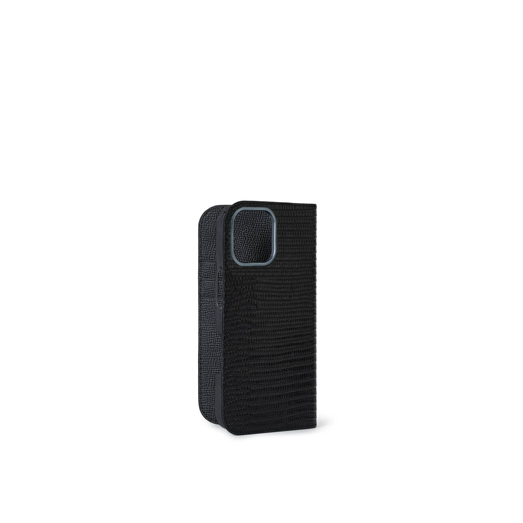 iPhone 16 Diary Case Shrink Leather × Embossed Lizard Leather (Black)