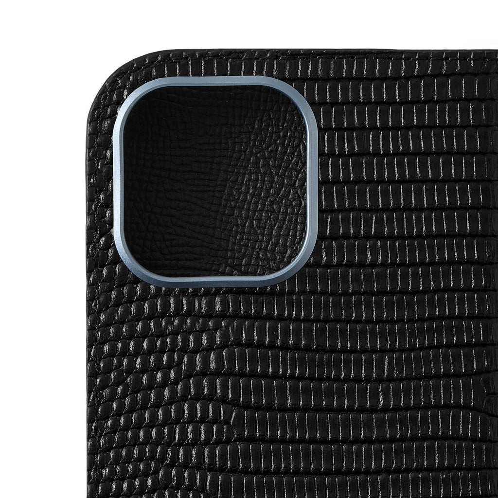 iPhone 16 Diary Case Shrink Leather × Embossed Lizard Leather (Black)