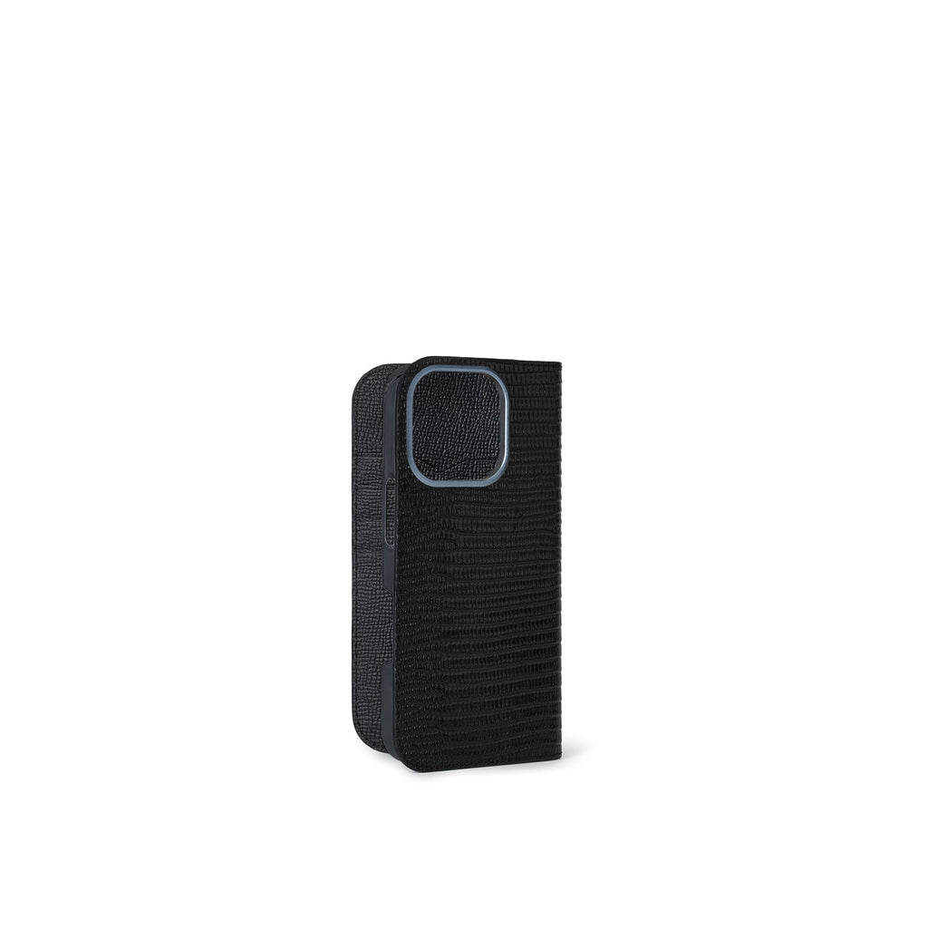 iPhone 16 Pro Max Diary Case Shrink Leather × Embossed Lizard Leather (Black)