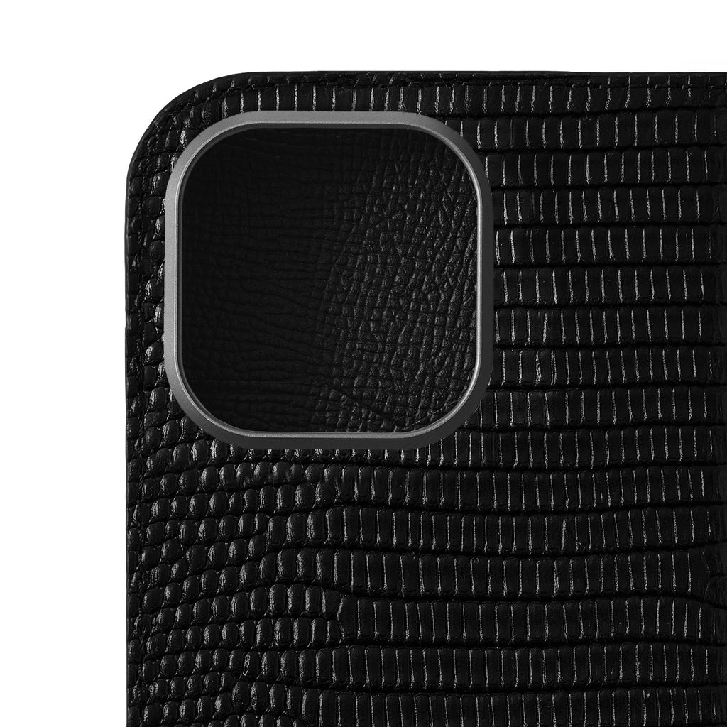 iPhone 16 Pro Max Diary Case Shrink Leather × Embossed Lizard Leather (Black)