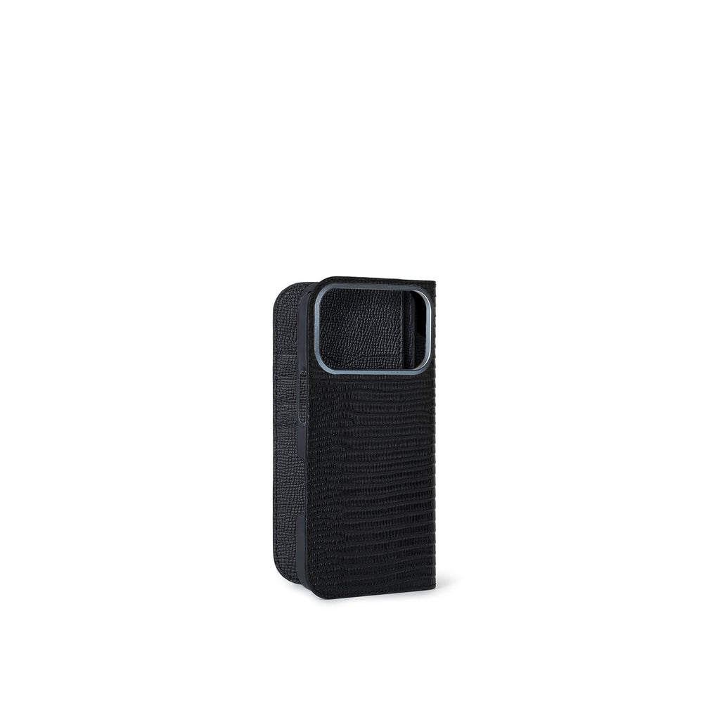 iPhone 17 Pro Max Diary Case Shrink Leather × Embossed Lizard Leather (Black)