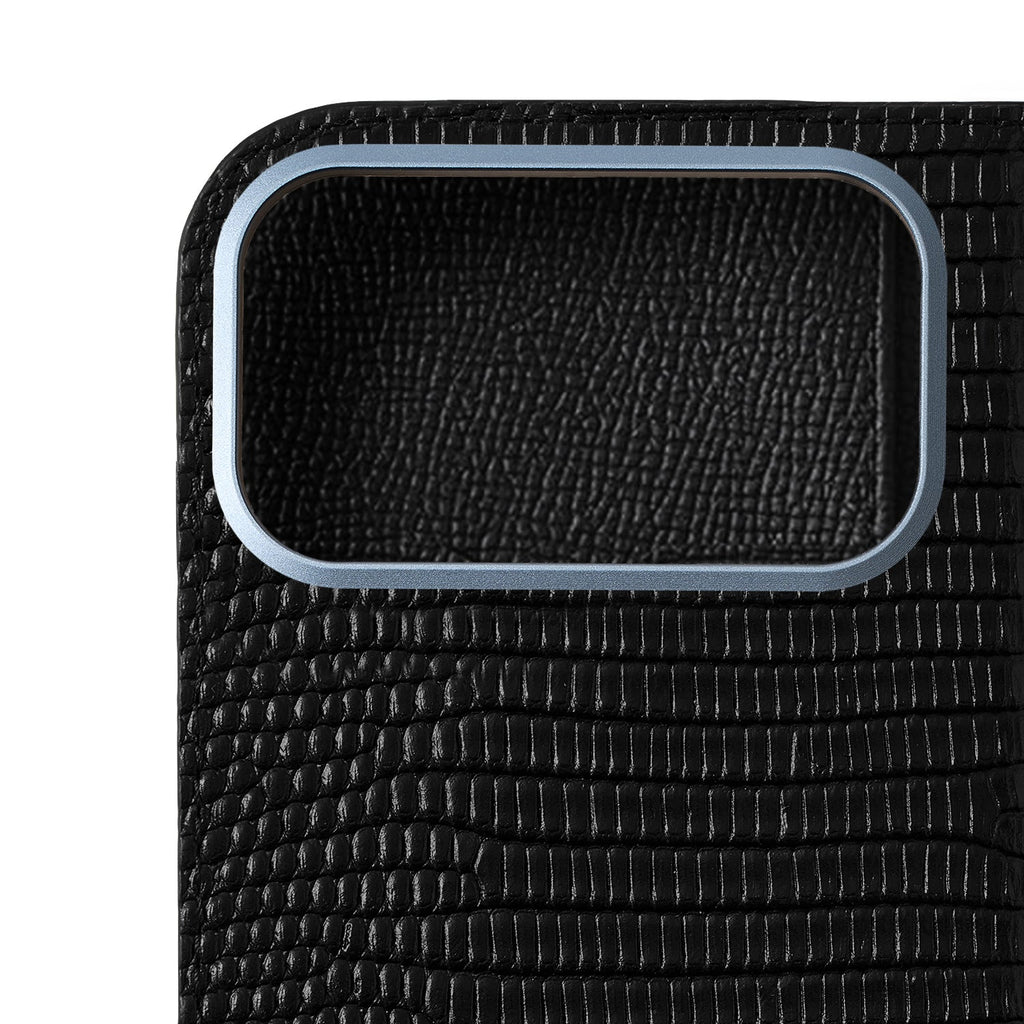 iPhone 17 Pro Max Diary Case Shrink Leather × Embossed Lizard Leather (Black)