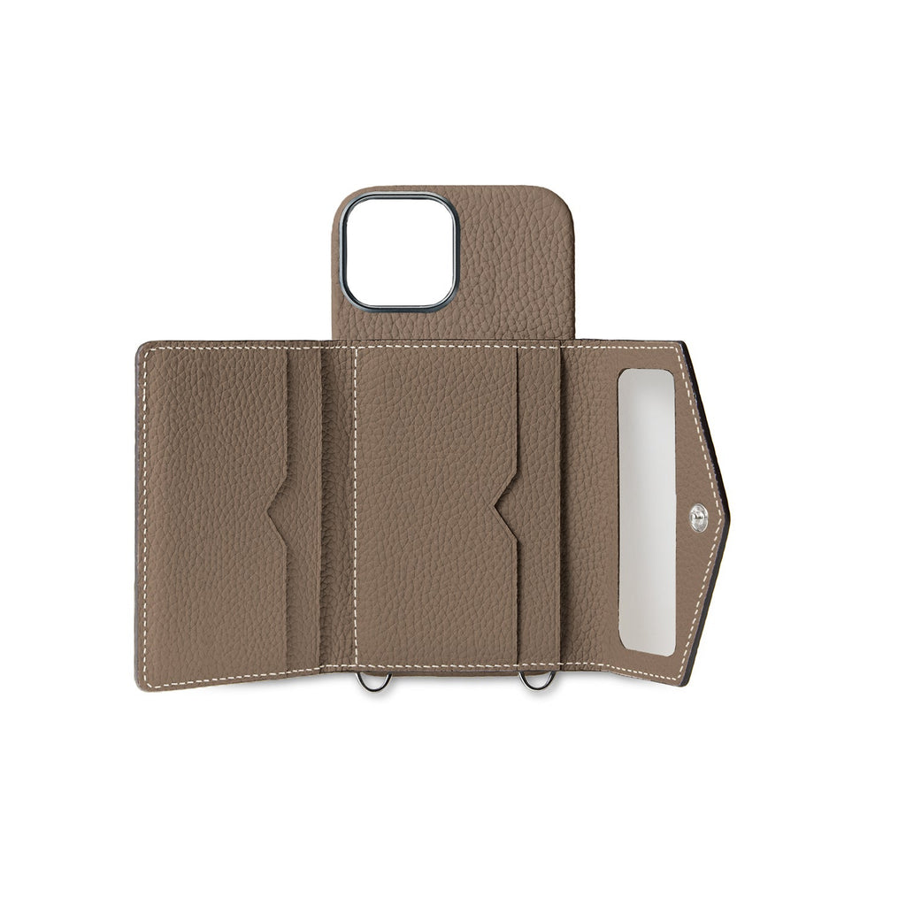 iPhone 15 Back Cover Case with Snap Button Closure Shrink Leather (Etoupe)
