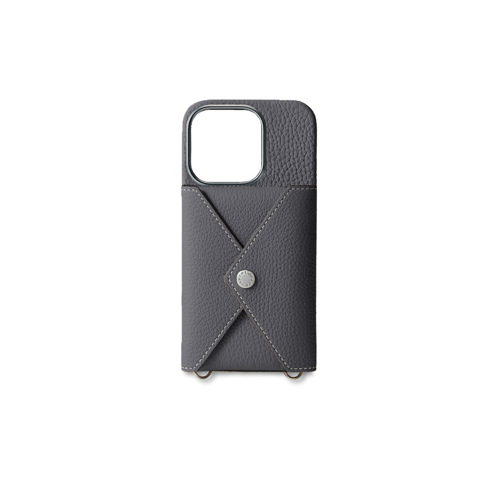 iPhone 15 Pro Back Cover Case with Snap Button Closure Shrink Leather (Charcoal Gray)