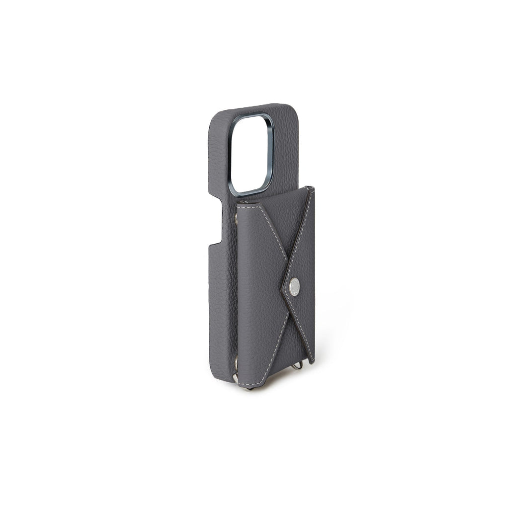iPhone 15 Pro Back Cover Case with Snap Button Closure Shrink Leather (Charcoal Gray)