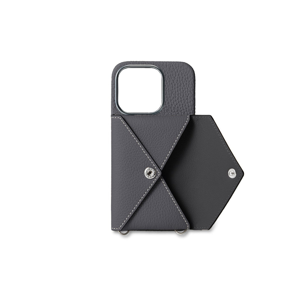 iPhone 15 Pro Back Cover Case with Snap Button Closure Shrink Leather (Charcoal Gray)