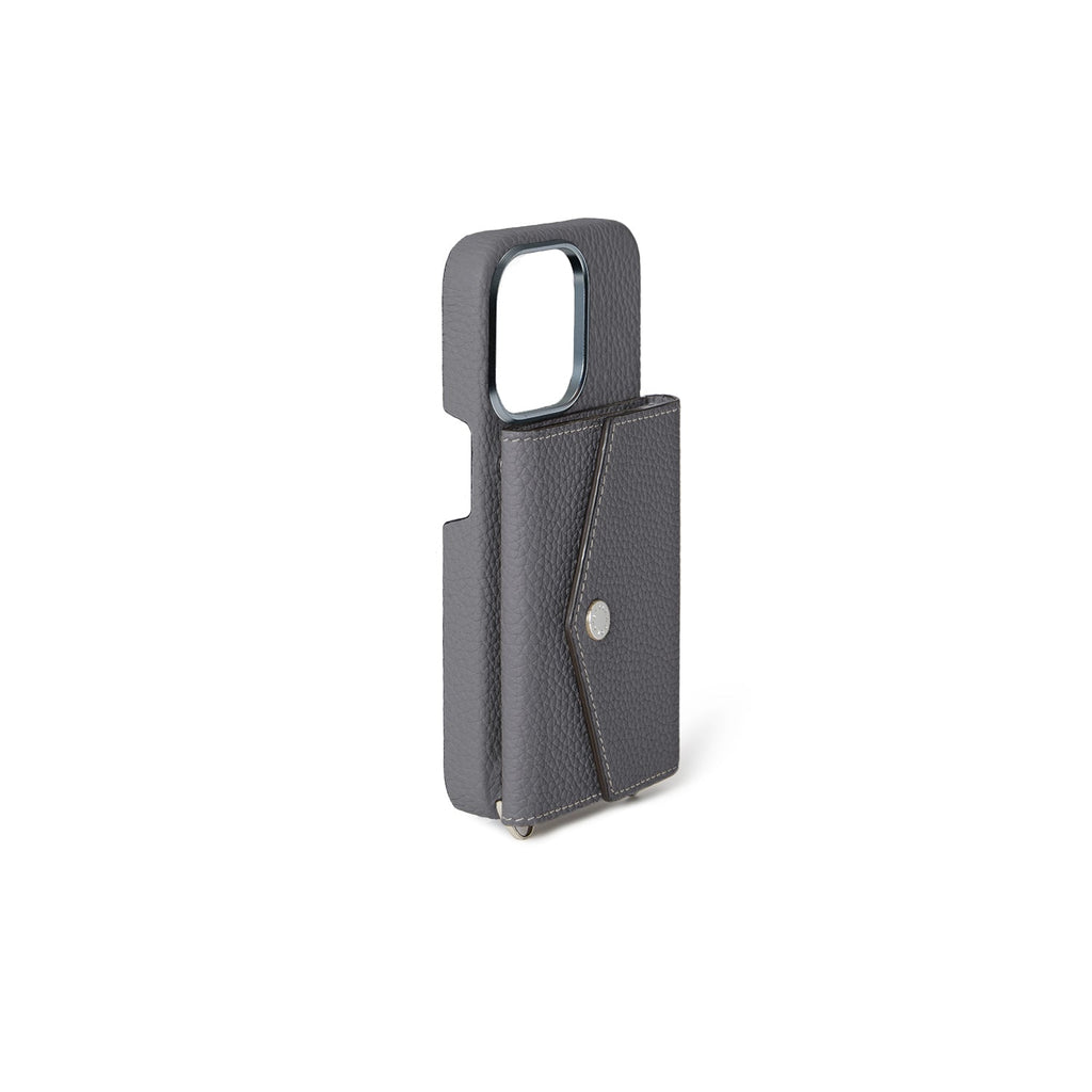 iPhone 15 Pro Back Cover Case with Snap Button Closure Shrink Leather (Charcoal Gray)
