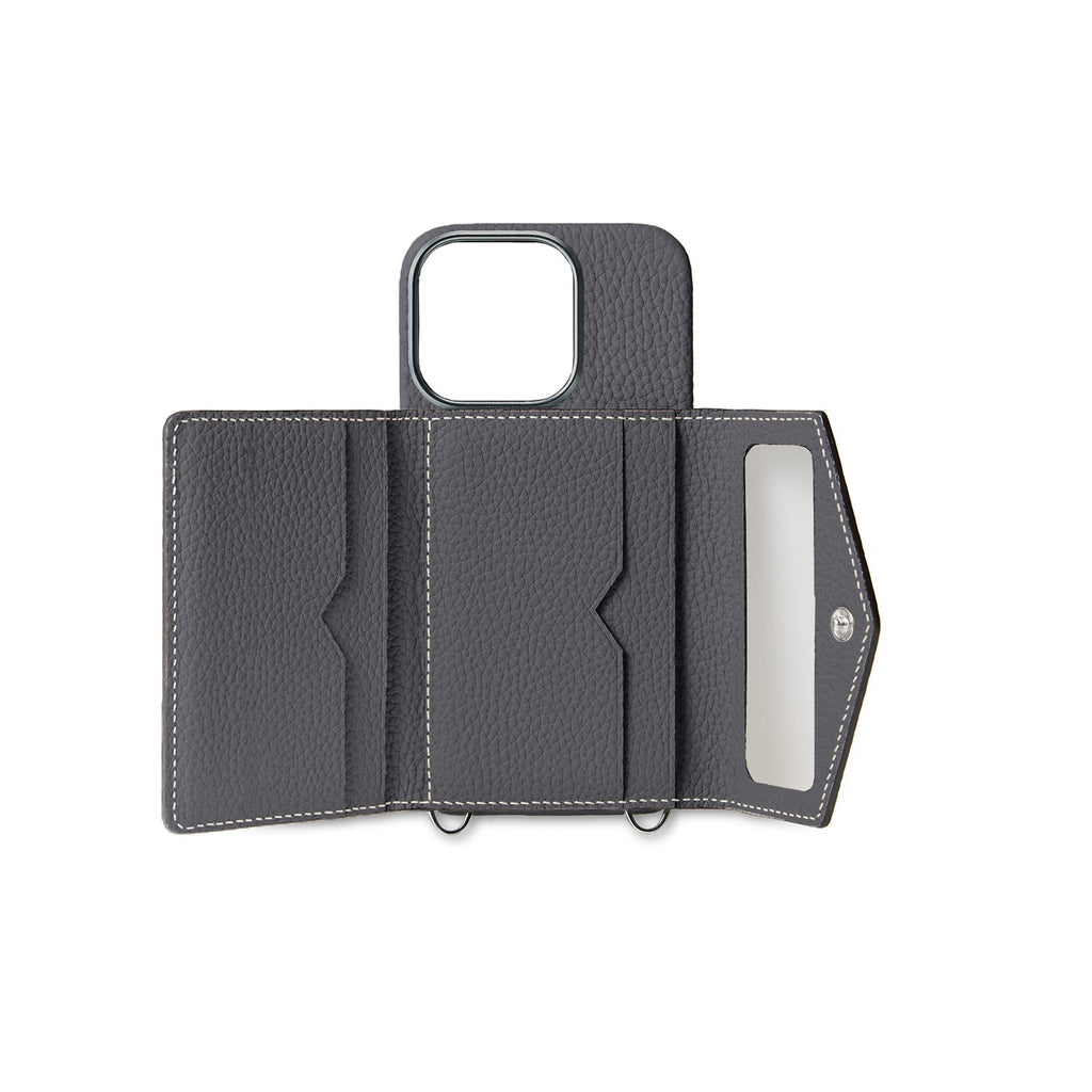 iPhone 15 Pro Back Cover Case with Snap Button Closure Shrink Leather (Charcoal Gray)