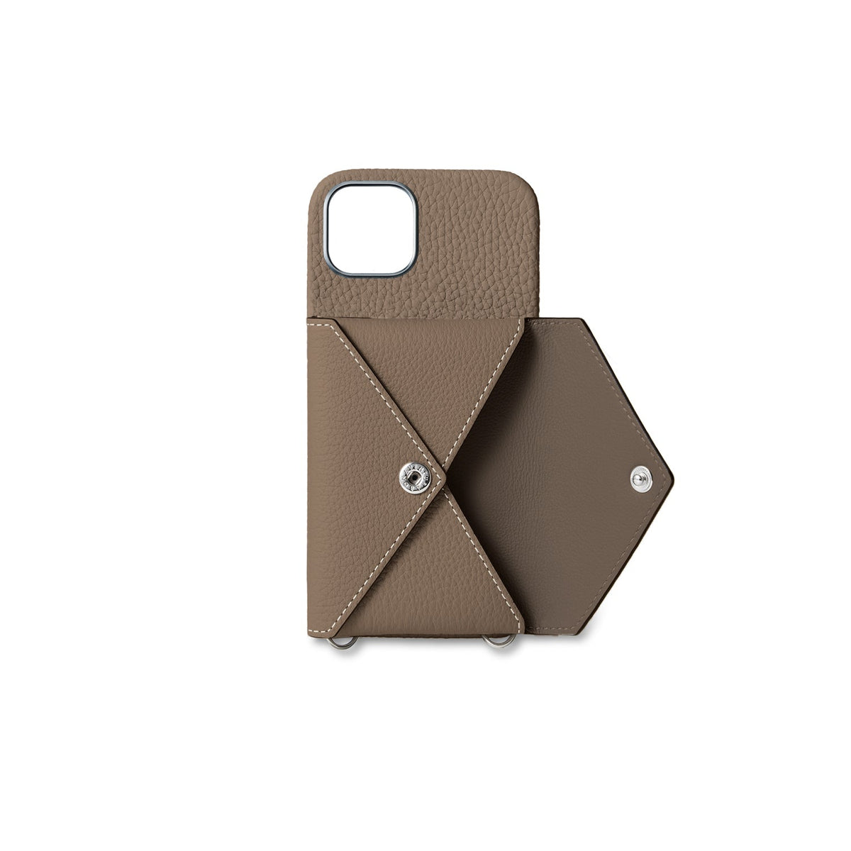 iPhone 15 Plus Back Cover Case with Snap Button Closure Shrink Leather (Etoupe)