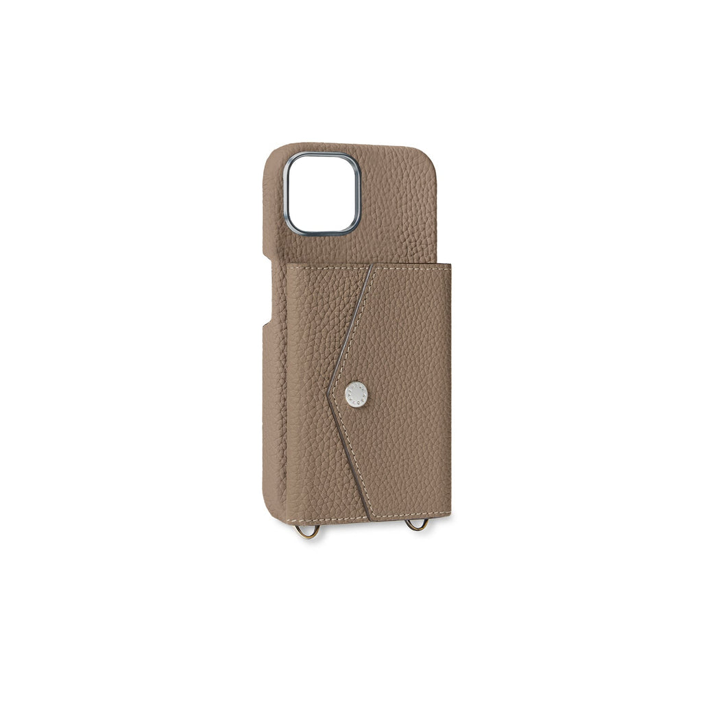 iPhone 15 Plus Back Cover Case with Snap Button Closure Shrink Leather (Etoupe)