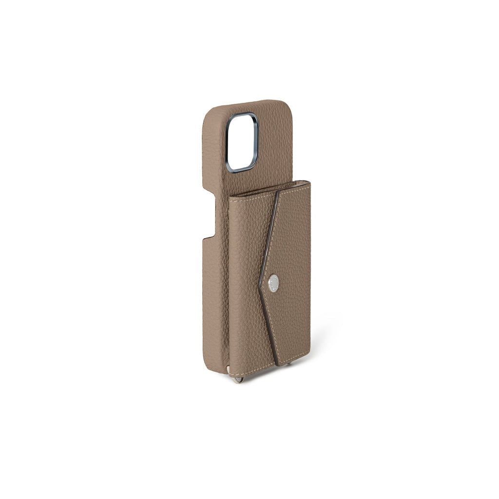 iPhone 15 Plus Back Cover Case with Snap Button Closure Shrink Leather (Etoupe)