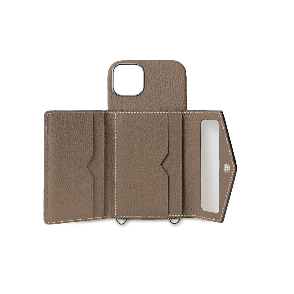 iPhone 15 Plus Back Cover Case with Snap Button Closure Shrink Leather (Etoupe)