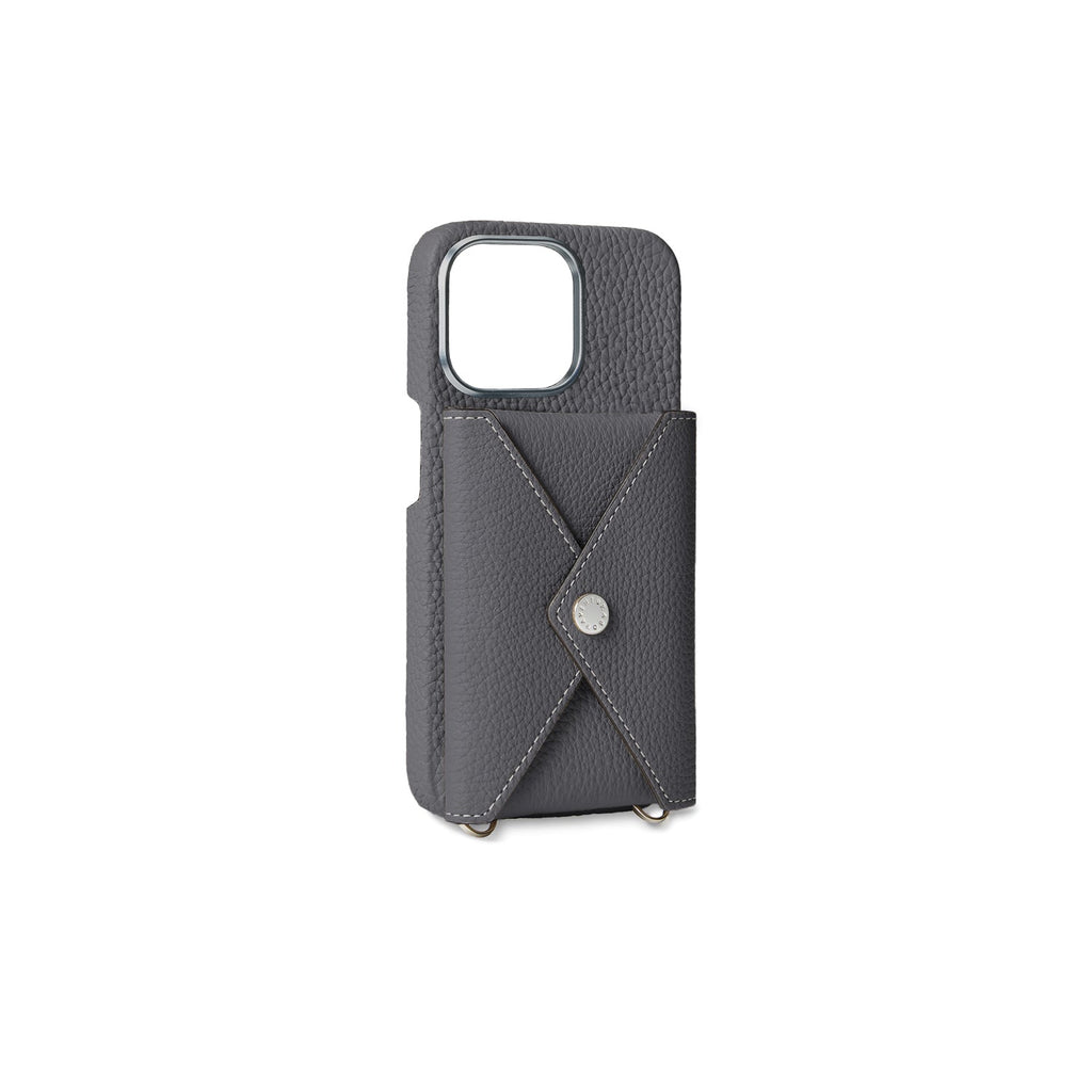iPhone 15 Pro Max Back Cover Case with Snap Button Closure Shrink Leather (Charcoal Gray)