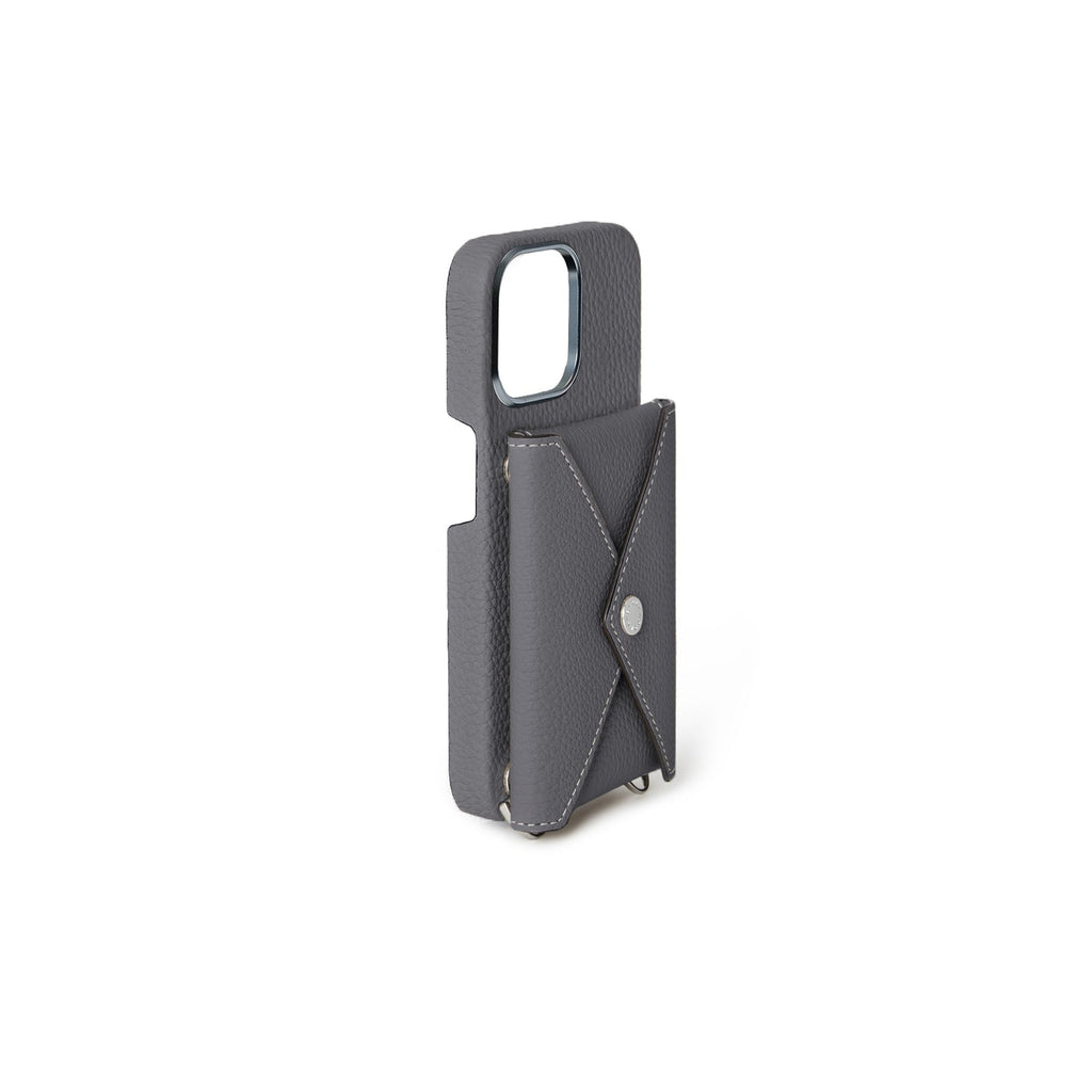 iPhone 15 Pro Max Back Cover Case with Snap Button Closure Shrink Leather (Charcoal Gray)