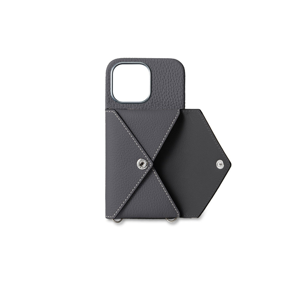 iPhone 15 Pro Max Back Cover Case with Snap Button Closure Shrink Leather (Charcoal Gray)