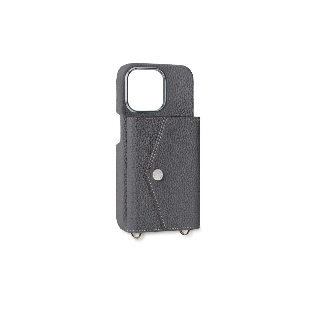 iPhone 15 Pro Max Back Cover Case with Snap Button Closure Shrink Leather (Charcoal Gray)
