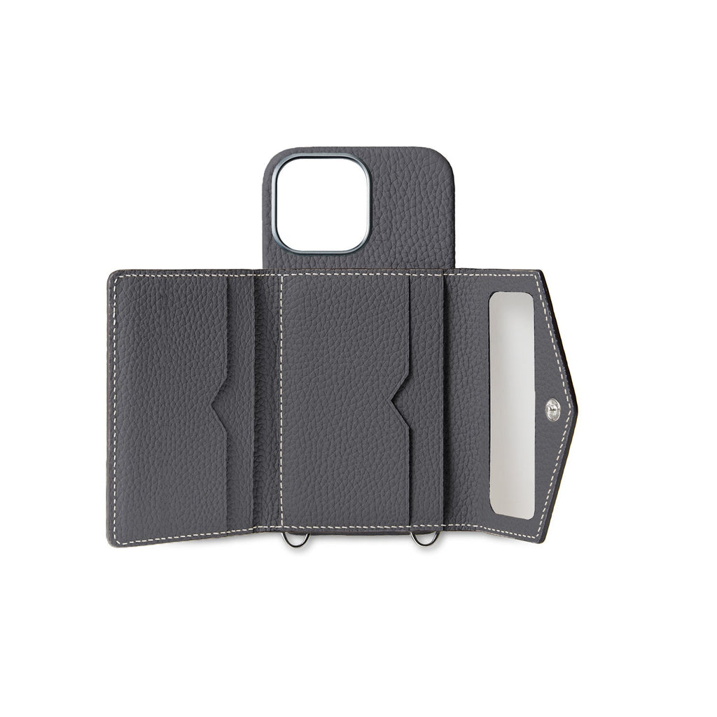 iPhone 15 Pro Max Back Cover Case with Snap Button Closure Shrink Leather (Charcoal Gray)