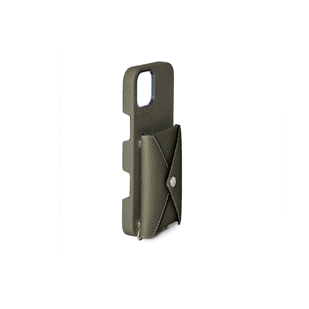 iPhone 16 Plus Back Cover Case with Snap Button Closure Shrink Leather (Olive)