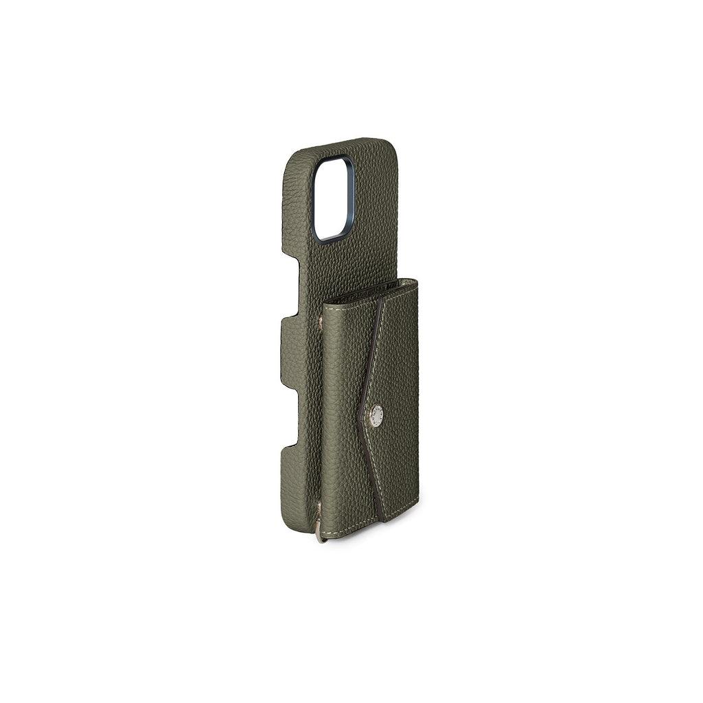 iPhone 16 Plus Back Cover Case with Snap Button Closure Shrink Leather (Olive)