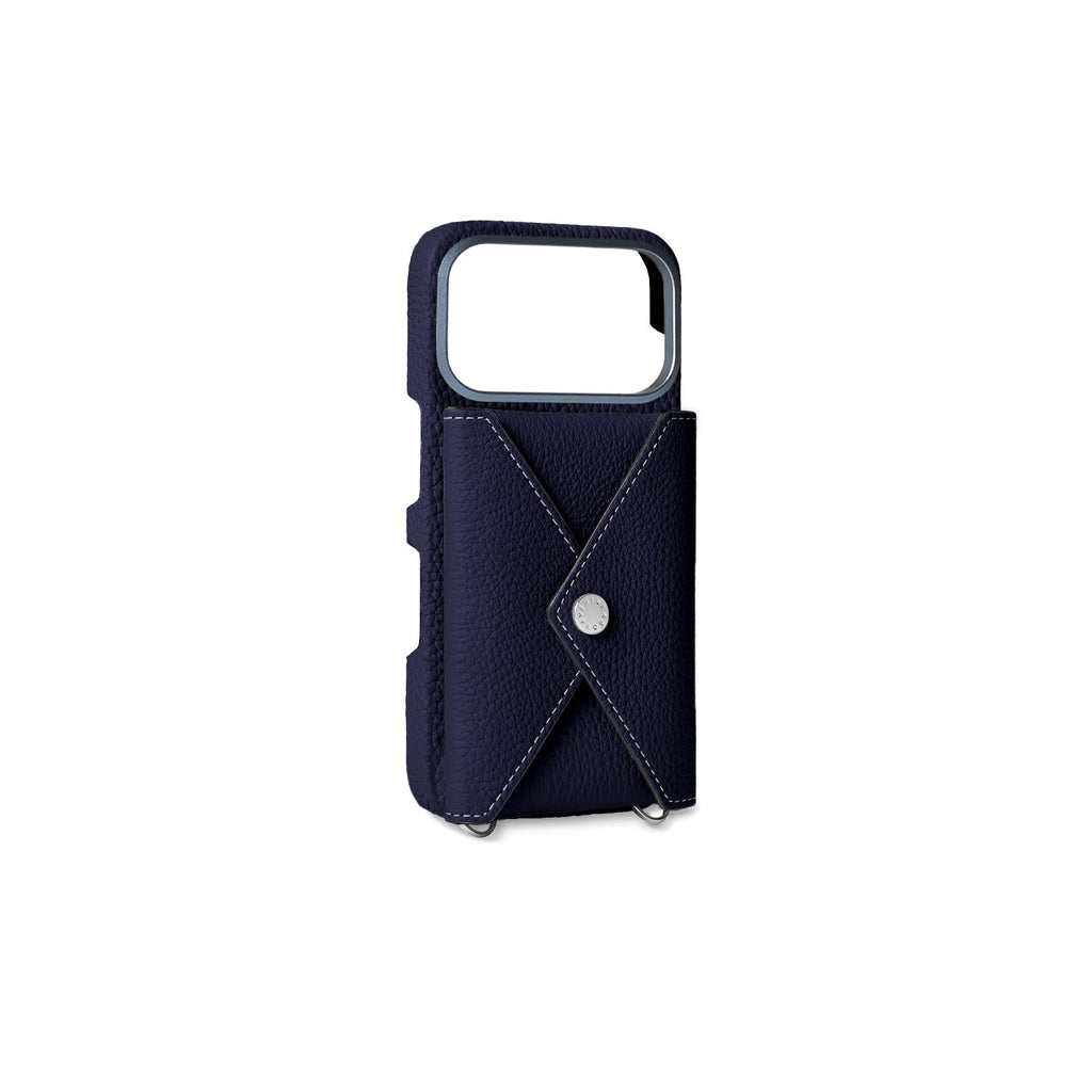 iPhone 17 Pro Back Cover Case with Snap Button Closure Shrink Leather (Navy)