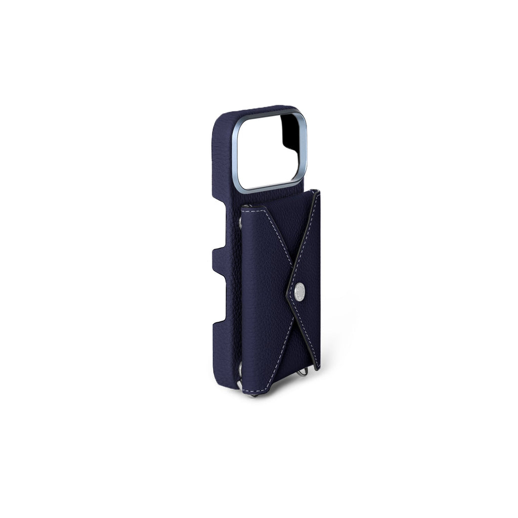 iPhone 17 Pro Back Cover Case with Snap Button Closure Shrink Leather (Navy)