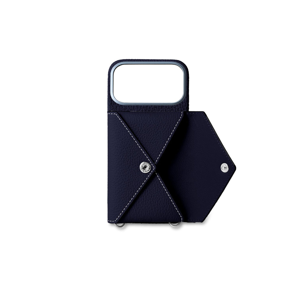 iPhone 17 Pro Back Cover Case with Snap Button Closure Shrink Leather (Navy)