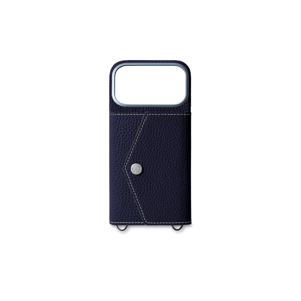 iPhone 17 Pro Back Cover Case with Snap Button Closure Shrink Leather (Navy)
