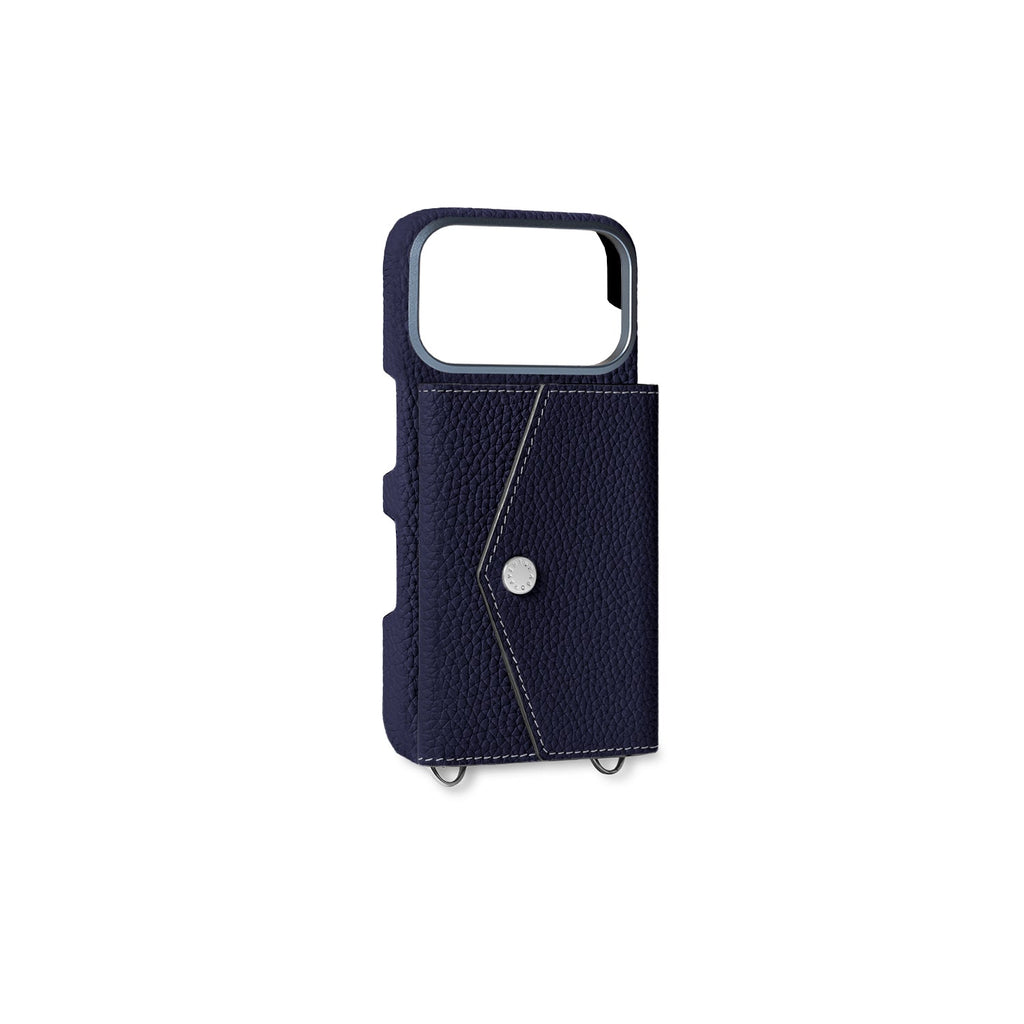 iPhone 17 Pro Back Cover Case with Snap Button Closure Shrink Leather (Navy)